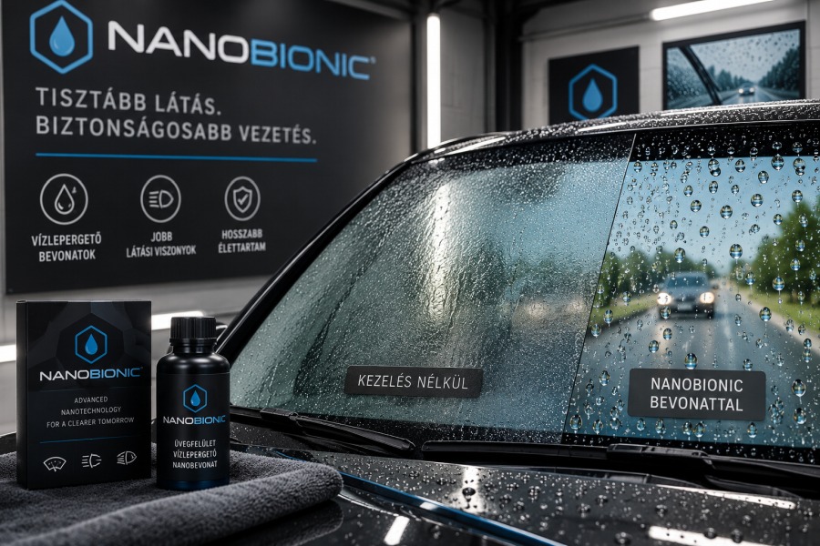 Nanobionic bevonattal kezelt autó szélvédője vízcseppekkel